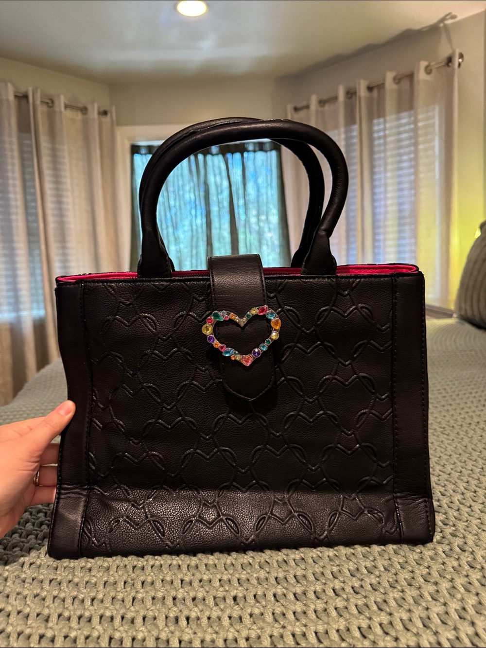 Betsey Johnson Black Satchel with Hot Pink Interior and Jeweled Heart Accent